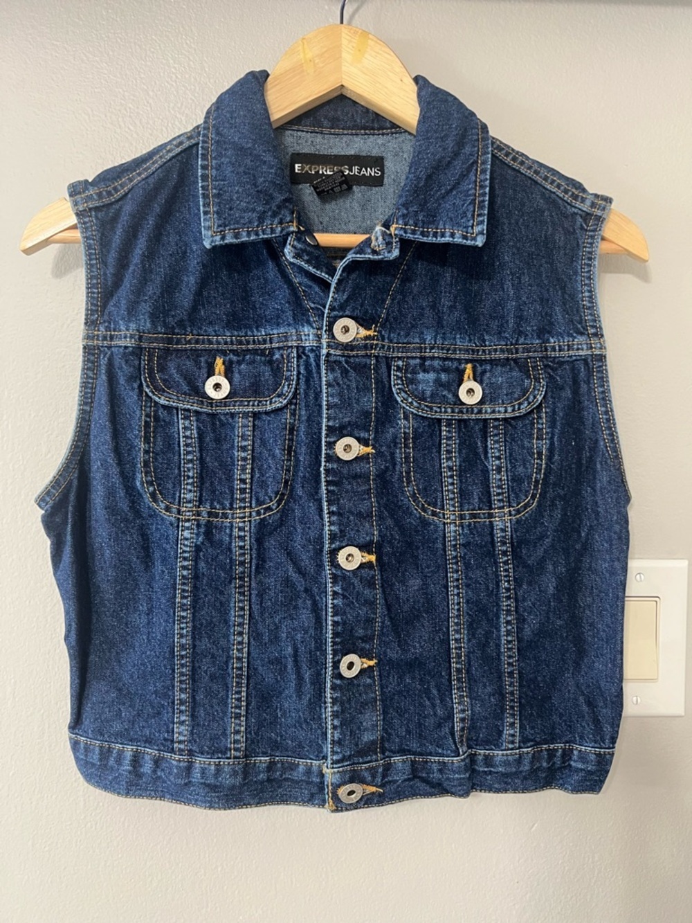 Express Jeans Denim Vest Medium Dark Wash Button Front Y2K 100% Cotton